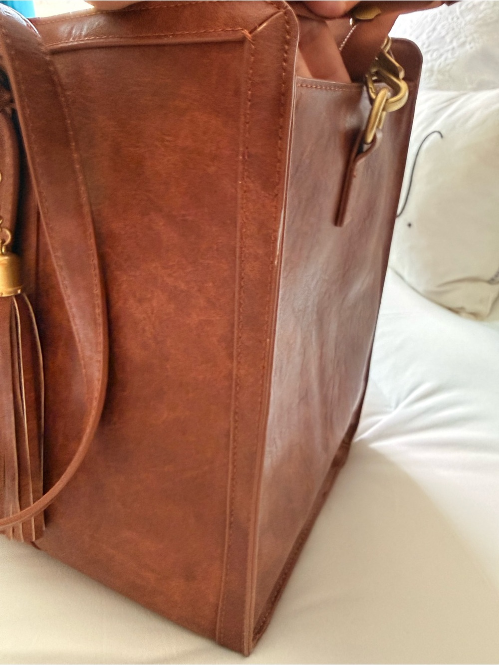Structured Brown Tote with Tassel Charm and adjustable strap - Picture 8 of 10